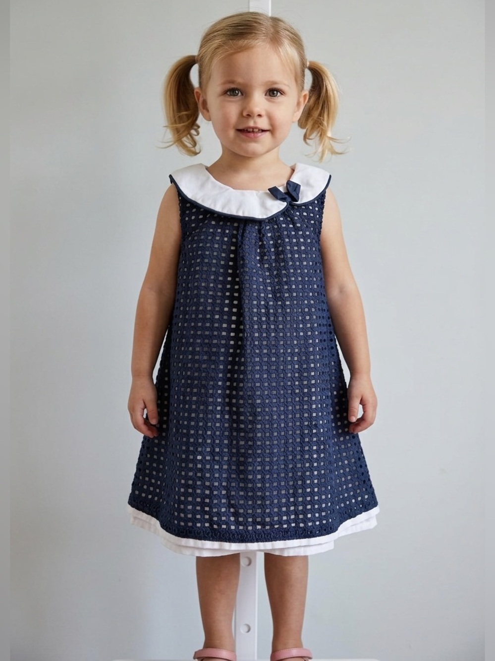 Mayoral Baby Girl Navy White Eyelet Peter Pan Collar Dress 3-6 Months